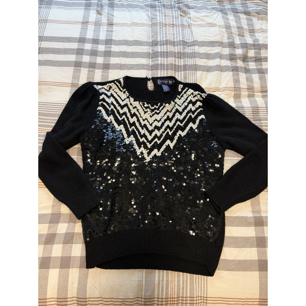 VTG 80s Le Chois Silk Angora Sweater~M~ Black & White Chevron Sequins Disco Club